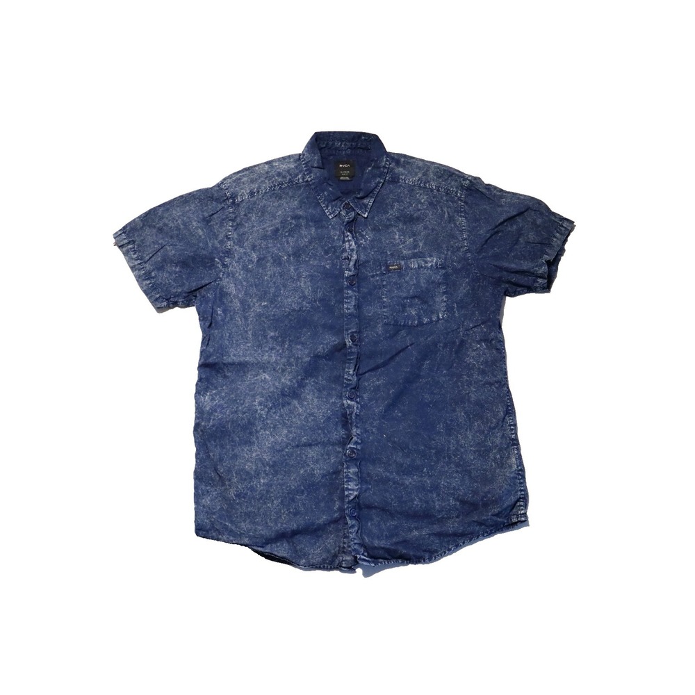 RVCA Mens XL Short Sleeve Button Down Shirt Blue Acid Wash Slim Fit